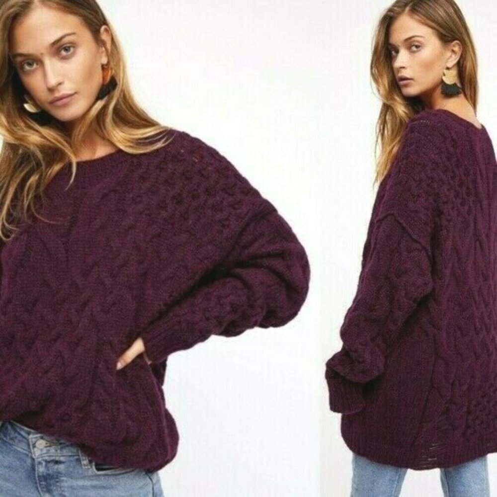 Free People Destroyed Cable Knit Alpaca Sweater Oversized Crew neck Vine Women S